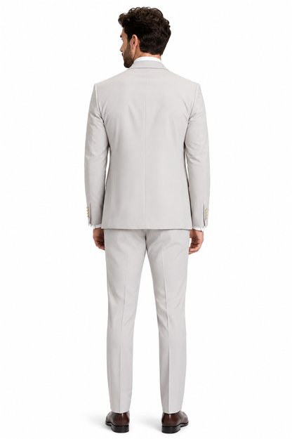 Men's Ash Statement Ticket Pocket Peak Lapel Wool Double Breasted Vest Suit with Gold Buttons – Modern Fit