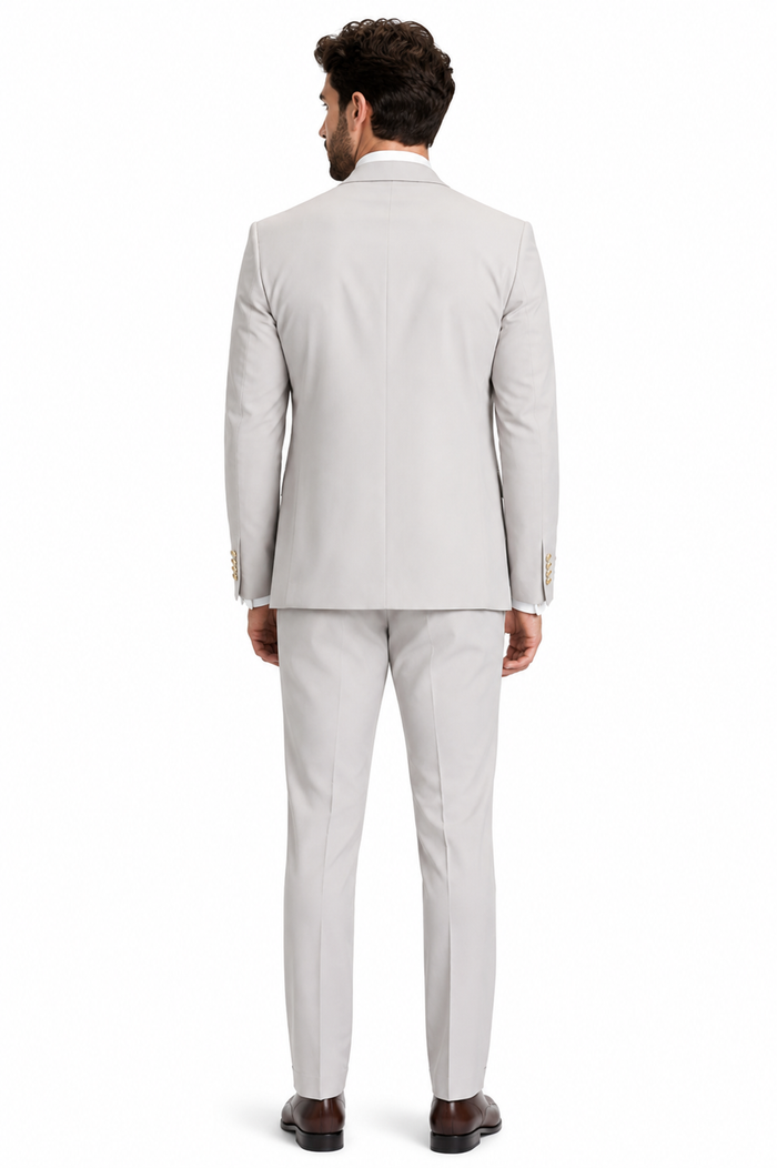 Men's Ash Statement Ticket Pocket Peak Lapel Wool Double Breasted Vest Suit with Gold Buttons – Modern Fit