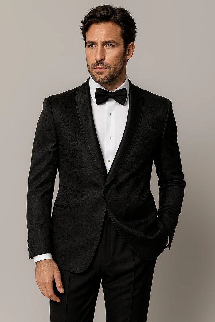 Men'S Shiny 2 Buttons Notch Collar Floral Paisley Formal Black Blazer - Image 3