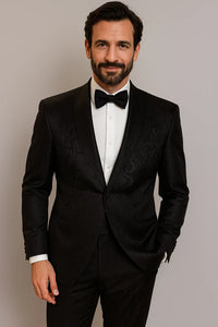 Men'S Shiny 2 Buttons Notch Collar Floral Paisley Formal Black Blazer