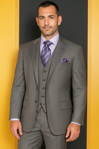 Two Button Light Grey Pinstripe Flat Front Three Piece Suit