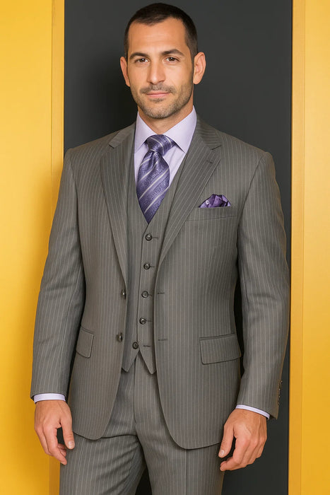 Two Button Light Grey Pinstripe Flat Front Three Piece Suit