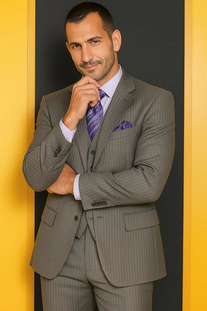Two Button Light Grey Pinstripe Flat Front Three Piece Suit