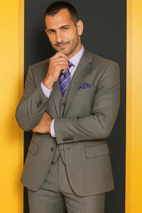 Two Button Light Grey Pinstripe Flat Front Three Piece Suit