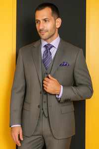 Two Button Light Grey Pinstripe Flat Front Three Piece Suit