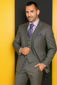 Two Button Light Grey Pinstripe Flat Front Three Piece Suit