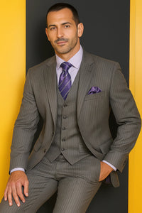Two Button Light Grey Pinstripe Flat Front Three Piece Suit