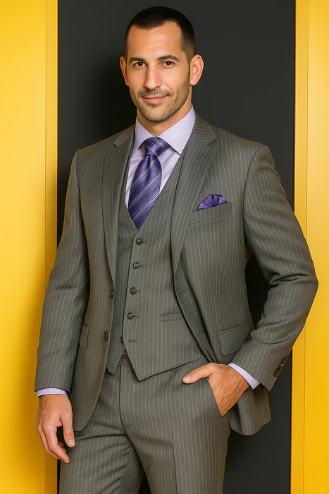 Two Button Light Grey Pinstripe Flat Front Three Piece Suit
