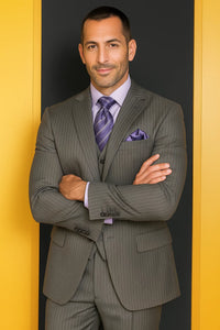 Two Button Light Grey Pinstripe Flat Front Three Piece Suit