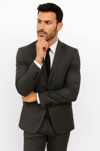 Slim Fitted Solid Herringbone 2 Button Three Piece Vested Shadow Stripe Men'S Black Suit