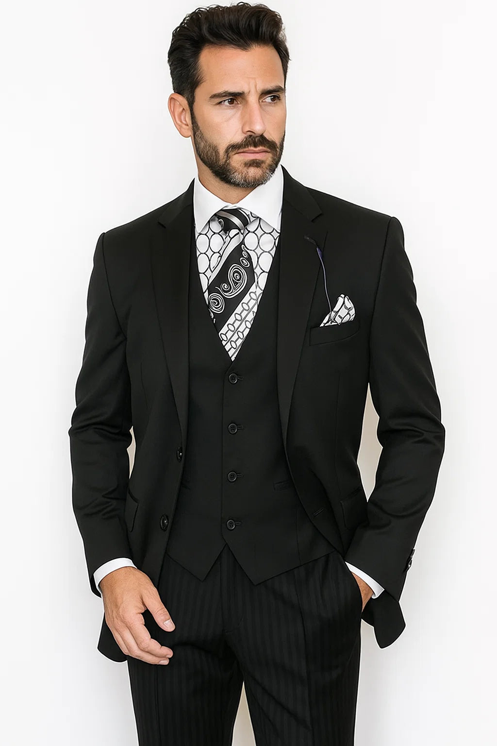 Vinci Men's Black On Black Shadow Stripe Style Two Buttons  Vested Suit