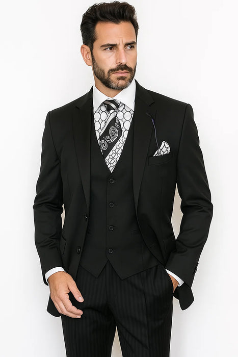 Vinci Men's Black On Black Shadow Stripe Style Two Buttons  Vested Suit