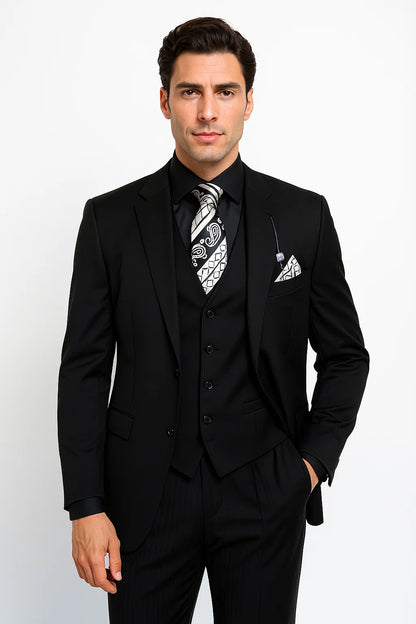 Vinci Men's Black On Black Shadow Stripe Style Two Buttons  Vested Suit