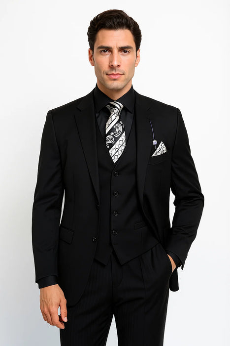 Vinci Men's Black On Black Shadow Stripe Style Two Buttons  Vested Suit