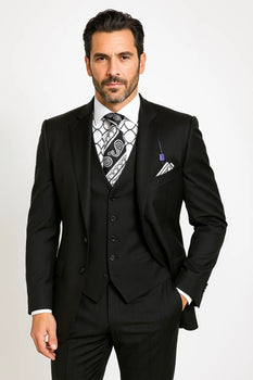 Vinci Men's Black On Black Shadow Stripe Style Two Buttons  Vested Suit