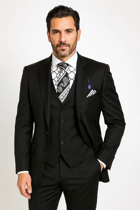 Vinci Men's Black On Black Shadow Stripe Style Two Buttons  Vested Suit