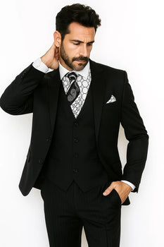 Vinci Men's Black On Black Shadow Stripe Style Two Buttons  Vested Suit