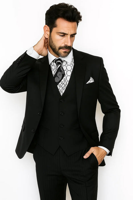 Vinci Men's Black On Black Shadow Stripe Style Two Buttons  Vested Suit
