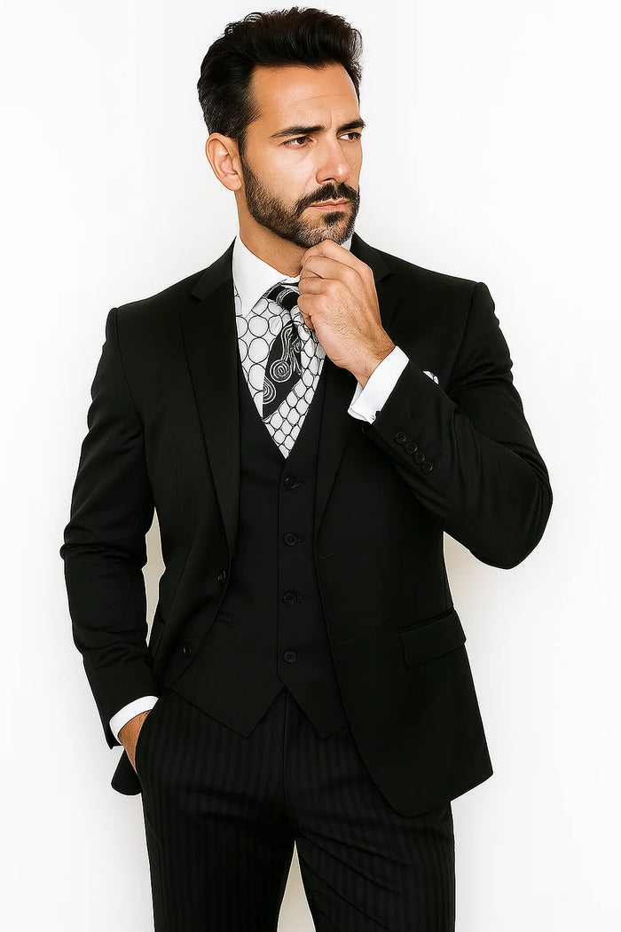 Vinci Men's Black On Black Shadow Stripe Style Two Buttons  Vested Suit