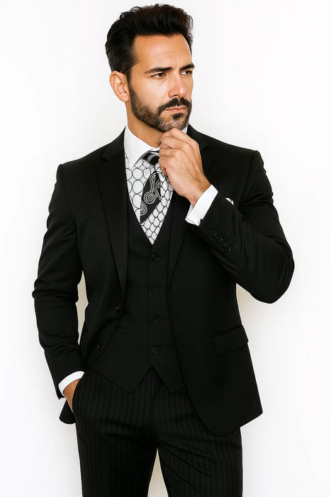 Vinci Men's Black On Black Shadow Stripe Style Two Buttons  Vested Suit
