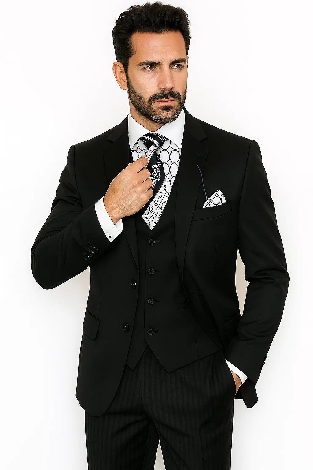 Vinci Men's Black On Black Shadow Stripe Style Two Buttons  Vested Suit