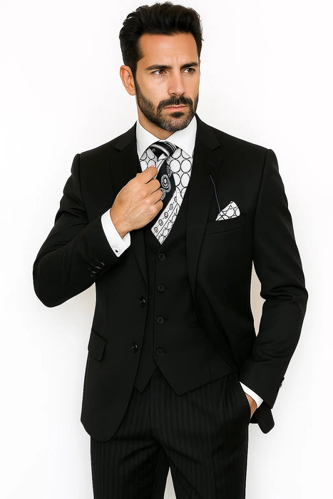 Vinci Men's Black On Black Shadow Stripe Style Two Buttons  Vested Suit