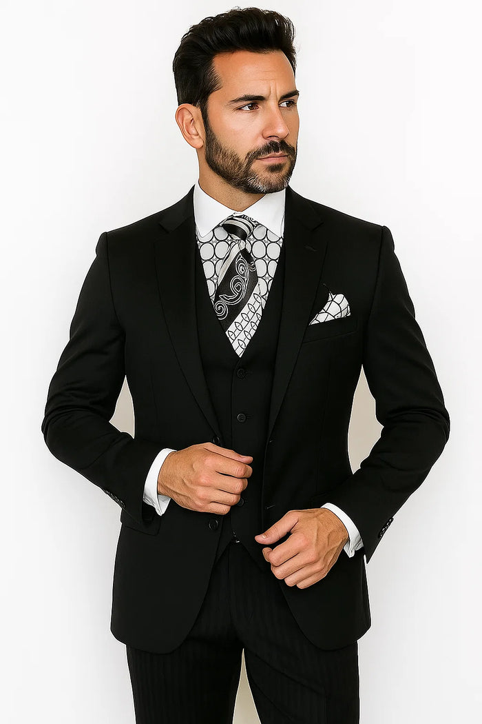 Vinci Men's Black On Black Shadow Stripe Style Two Buttons  Vested Suit