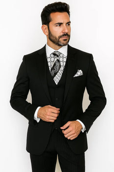 Vinci Men's Black On Black Shadow Stripe Style Two Buttons  Vested Suit