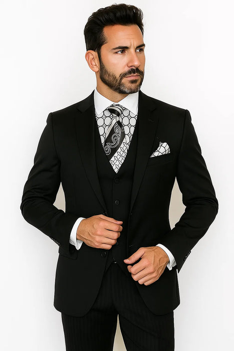 Vinci Men's Black On Black Shadow Stripe Style Two Buttons  Vested Suit