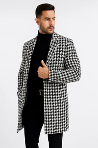 Mens Plaid Overcoat - Houndstooth Checker Pattern Topcoat - Black