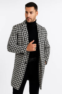 Mens Plaid Overcoat - Houndstooth Checker Pattern Topcoat - Black
