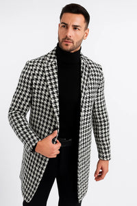Mens Plaid Overcoat - Houndstooth Checker Pattern Topcoat - Black