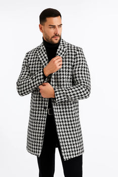 Mens Plaid Overcoat - Houndstooth Checker Pattern Topcoat - Black