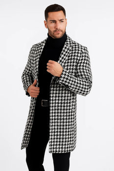 Mens Plaid Overcoat - Houndstooth Checker Pattern Topcoat - Black