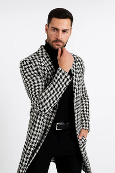 Mens Plaid Overcoat - Houndstooth Checker Pattern Topcoat - Black