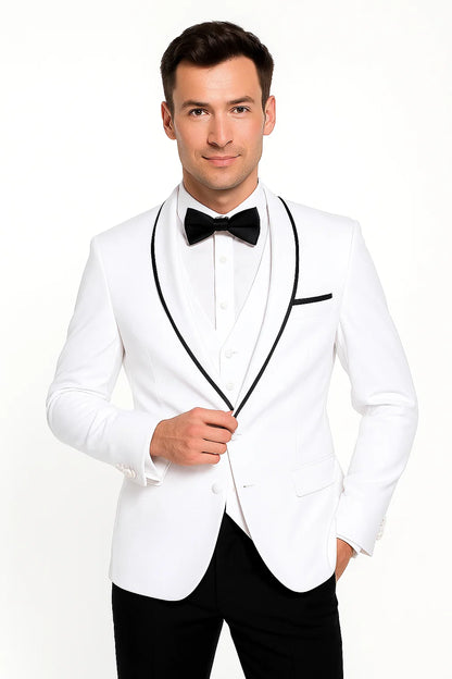 Men'S Shawl Lapel With Trim 1 Button Blazer White Sport Coat Dinner Jacket With Trim - Image 7