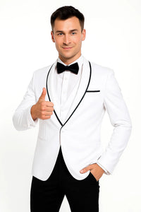 Men'S Shawl Lapel With Trim 1 Button Blazer White Sport Coat Dinner Jacket With Trim