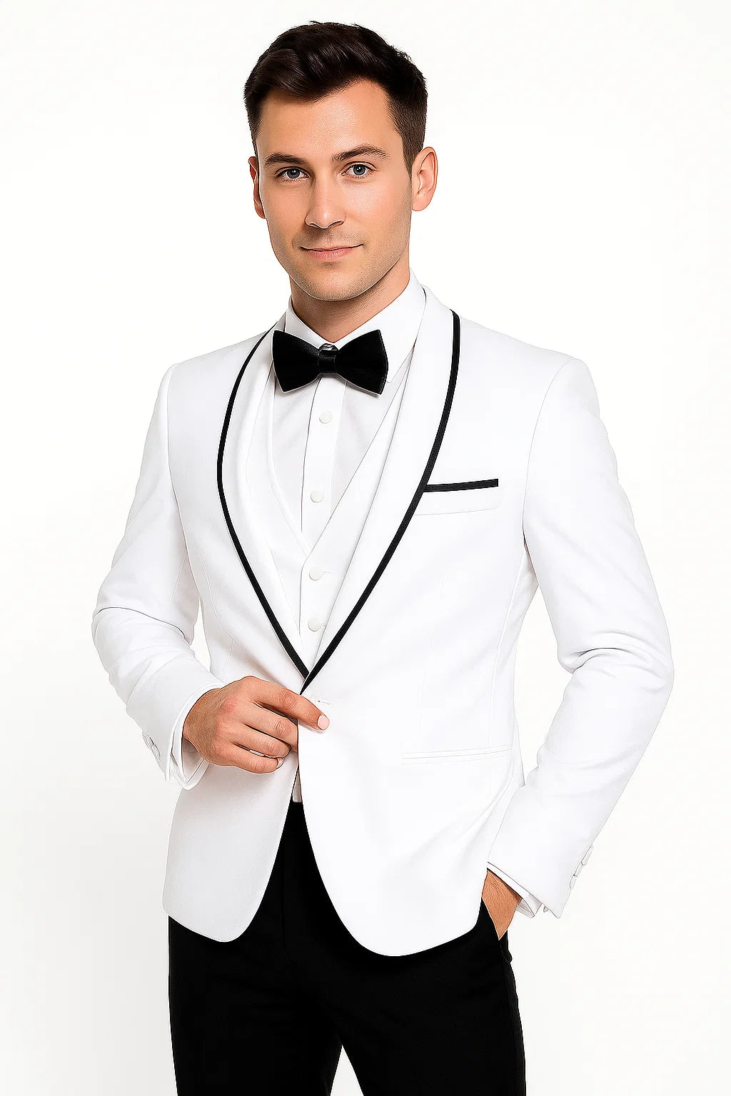 Men'S Shawl Lapel With Trim 1 Button Blazer White Sport Coat Dinner Jacket With Trim - Image 2