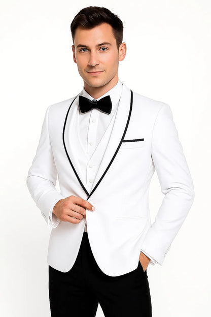 Men'S Shawl Lapel With Trim 1 Button Blazer White Sport Coat Dinner Jacket With Trim - Image 2