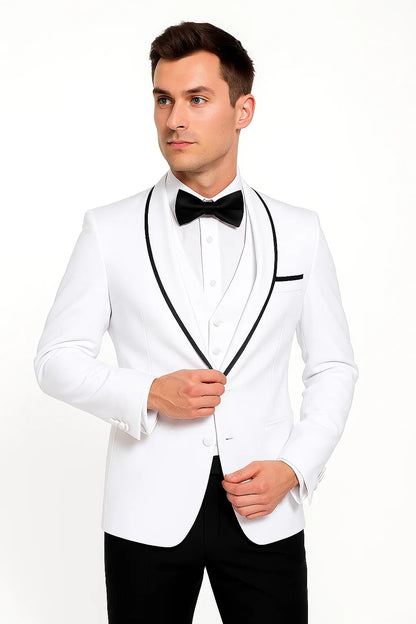 Men'S Shawl Lapel With Trim 1 Button Blazer White Sport Coat Dinner Jacket With Trim - Image 3