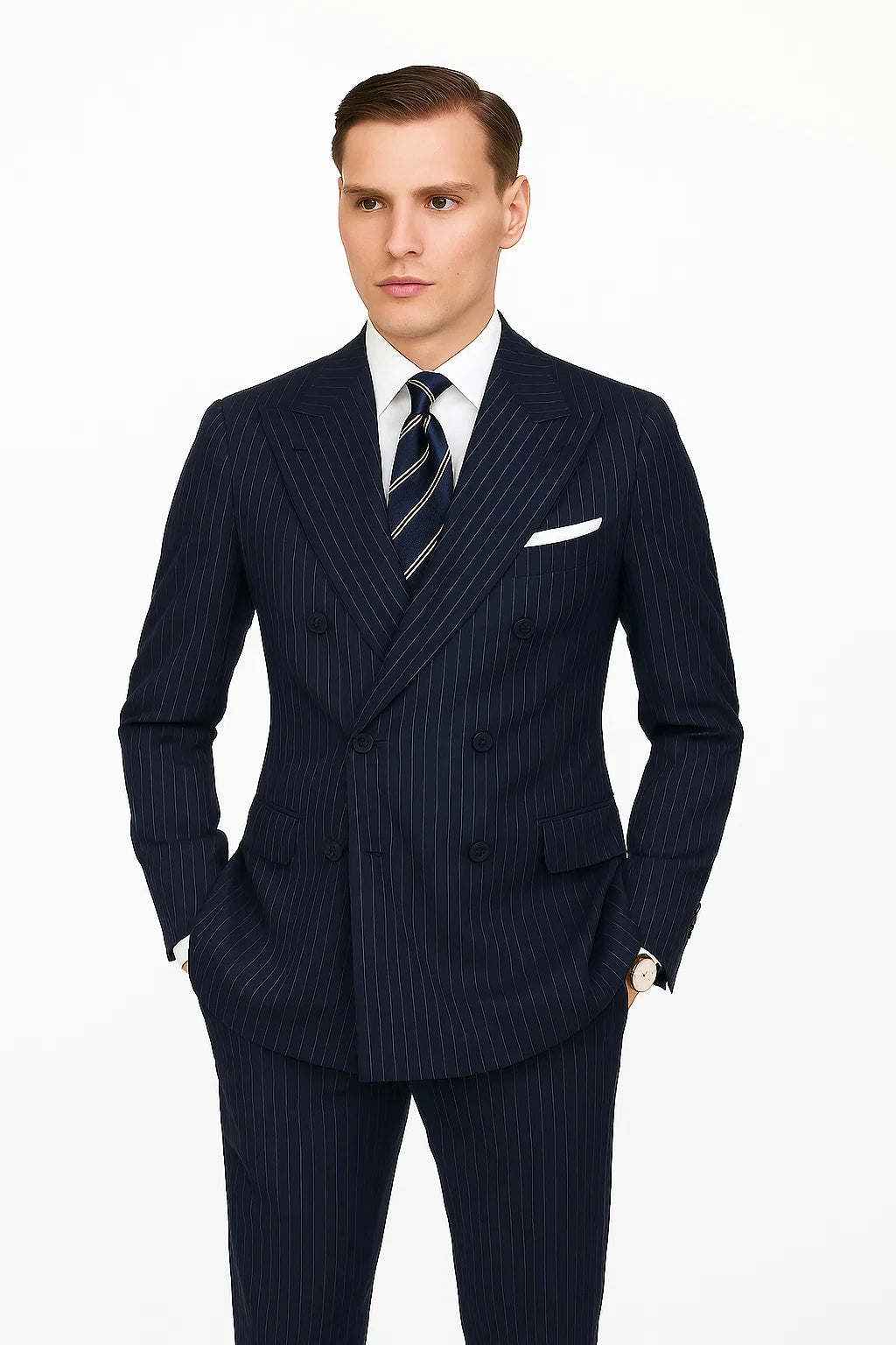 Mens Kingsman Double Breasted Navy Pinstripe Suit - Image 2