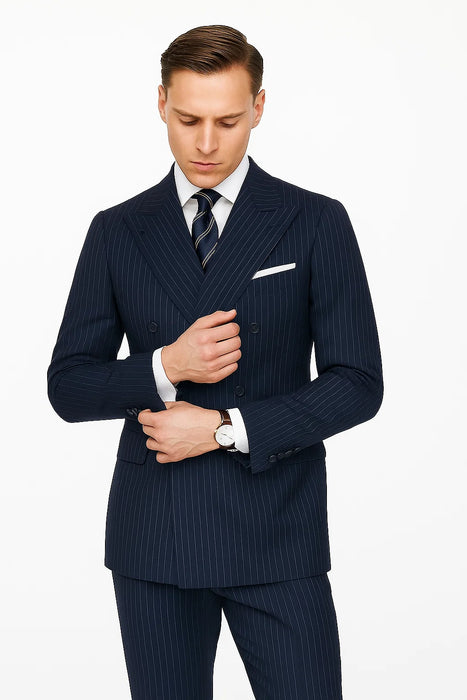 Mens Kingsman Double Breasted Navy Pinstripe Suit