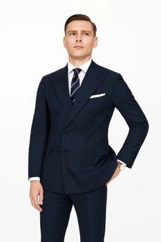 Mens Kingsman Double Breasted Navy Pinstripe Suit - Image 6
