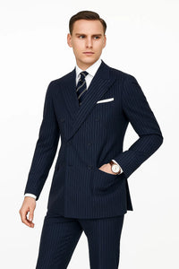 Mens Kingsman Double Breasted Navy Pinstripe Suit