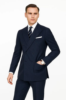Mens Kingsman Double Breasted Navy Pinstripe Suit - Image 7