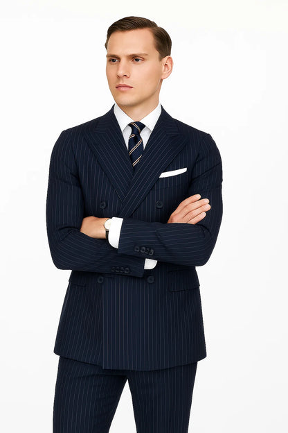 Mens Kingsman Double Breasted Navy Pinstripe Suit - Image 8