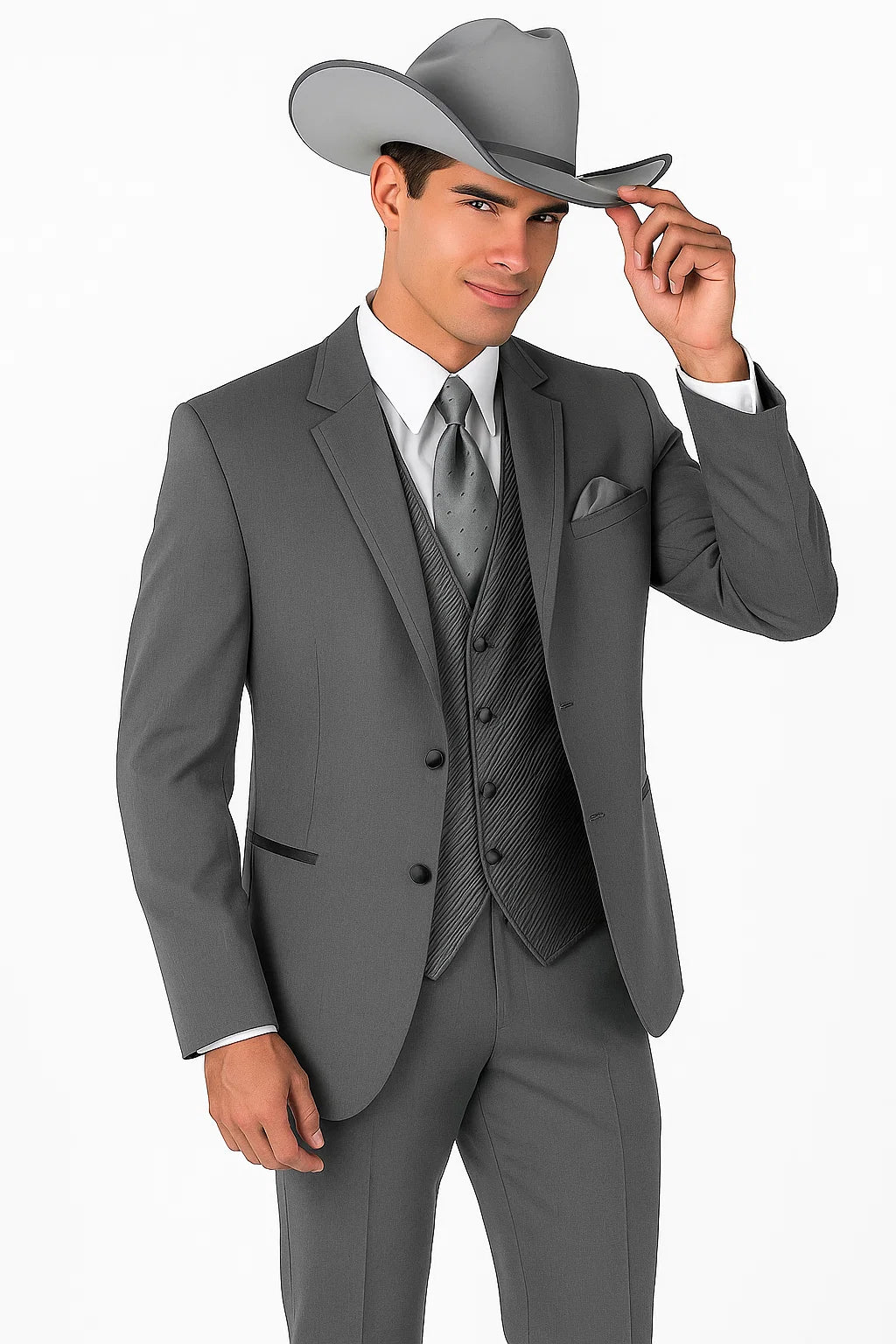 2 Button Trim Cowboy Tuxedo in Grey Cowboy Suit - Country Wedding Suits - Image 2