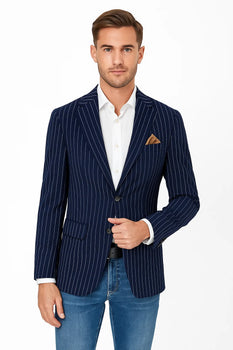 Men's Gangster 1920s Men's Blazer Sport Coat With Bold Chalk Pinstripe Navy ~ Blue