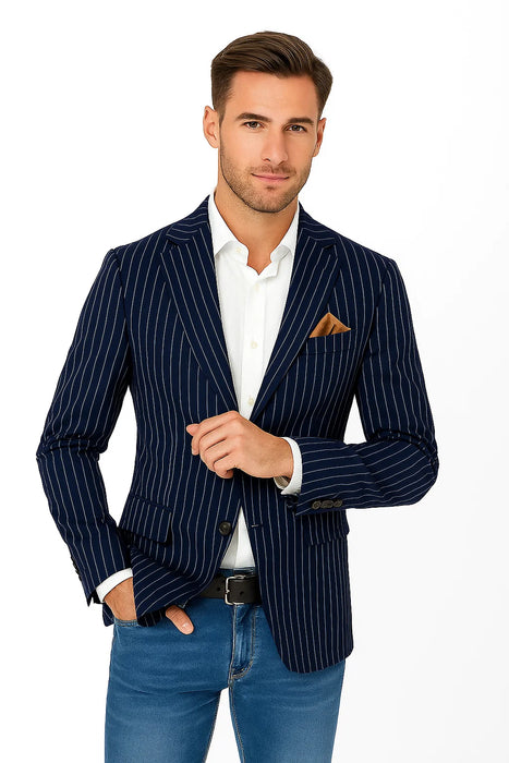 Men's Gangster 1920s Men's Blazer Sport Coat With Bold Chalk Pinstripe Navy ~ Blue