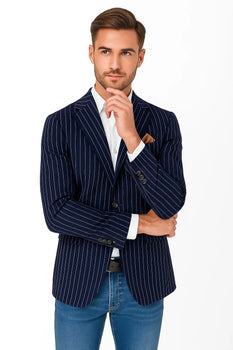 Men's Gangster 1920s Men's Blazer Sport Coat With Bold Chalk Pinstripe Navy ~ Blue - Image 4